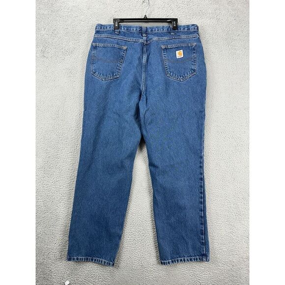 Carhartt Jeans Mens 40X32 Blue Relaxed Fit Straight Leg 5 Pocket Logo Denim Pant - Picture 3 of 7
